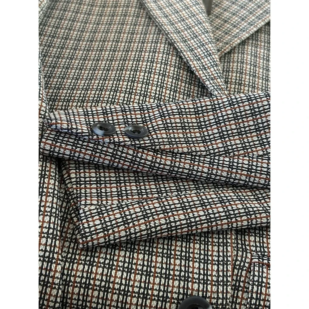 Vtg 70s Blue Gray Maroon Plaid Double Knit Golf Sport Coat Jacket Blazer 40 L